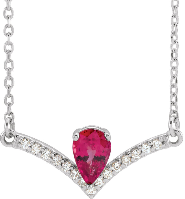 14K Gold Pear Lab-Grown Ruby Accented V Necklace - White Gold