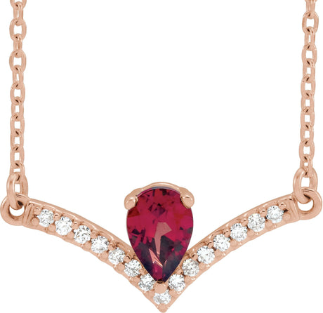 14K Gold Pear Natural Mozambique Garnet Accented V Necklace - Rose Gold