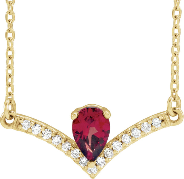14K Gold Pear Natural Mozambique Garnet Accented V Necklace - Yellow Gold