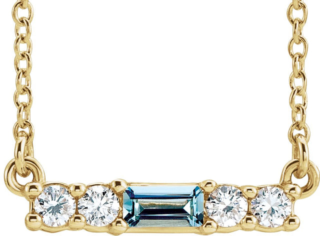 14K Gold Straight Baguette Natural Aquamarine Accented Bar Necklace – 1/8 CTW - Yellow Gold