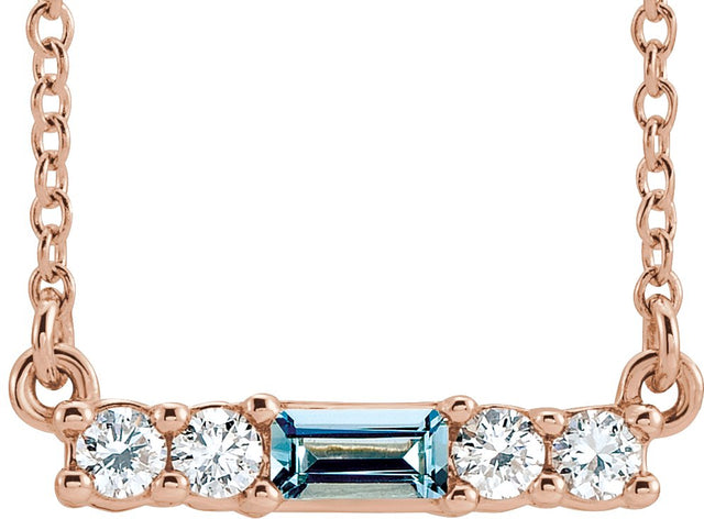 14K Gold Straight Baguette Natural Aquamarine Accented Bar Necklace – 1/8 CTW - Rose Gold