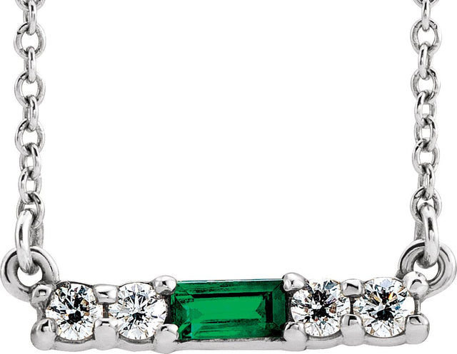 14K Gold Straight Baguette Natural Emerald Accented Bar Necklace – 1/8 CTW - White Gold