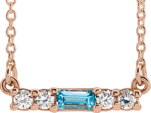 14K Gold Straight Baguette Natural Blue Zircon Accented Bar Necklace - Rose Gold