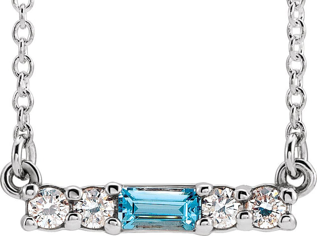 14K Gold Straight Baguette Natural Blue Zircon Accented Bar Necklace - White Gold