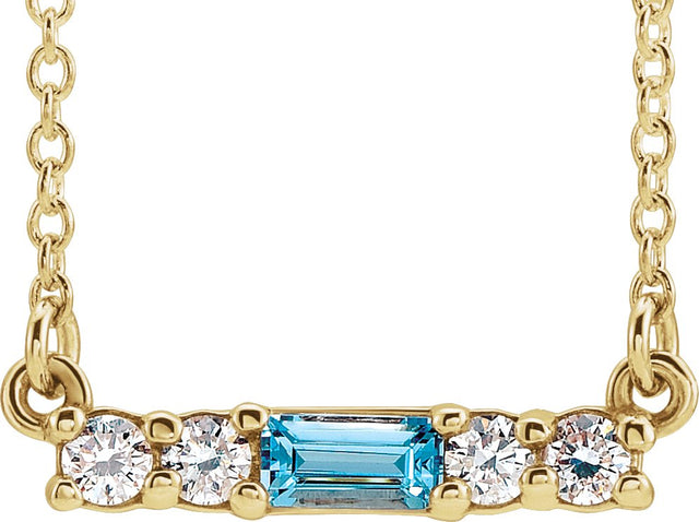 14K Gold Straight Baguette Natural Blue Zircon Accented Bar Necklace - Yellow Gold