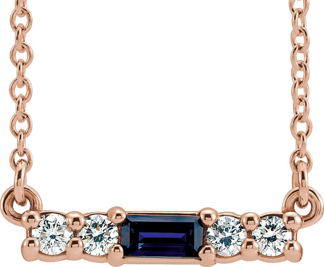 14K Gold Straight Baguette Natural Blue Sapphire Accented Bar Necklace – 1/8 CTW - Rose Gold