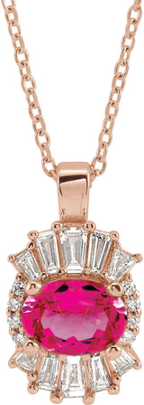 14K Gold Oval Natural Pink Tourmaline Halo-Style Necklace or Pendant - Rose Gold
