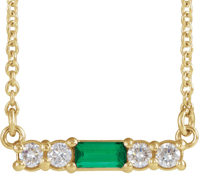 14K Gold Straight Baguette Lab-Grown Emerald Accented Bar Necklace – 1/8 CTW - Yellow Gold
