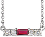 14K Gold Straight Baguette Natural Ruby Accented Bar Necklace – 1/8 CTW - White Gold