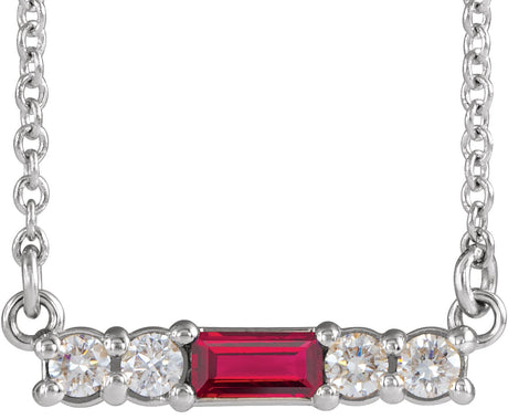 Platinum Straight Baguette Lab-Grown Ruby Accented Bar Necklace – 1/8 CTW