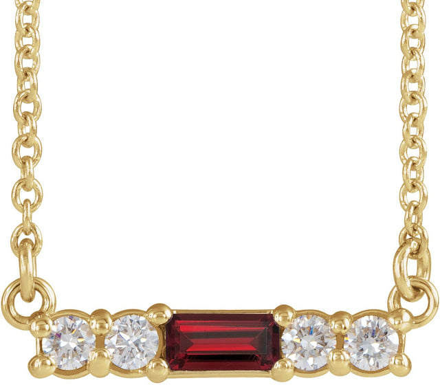 14K Gold Straight Baguette Natural Mozambique Garnet Accented Bar Necklace – 1/8 CTW - Yellow Gold