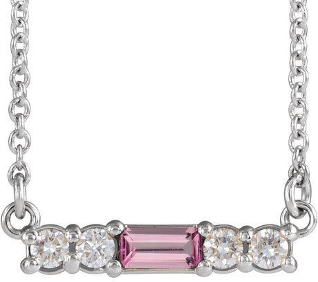 Platinum Straight Baguette Natural Pink Tourmaline Accented Bar Necklace – 1/8 CTW