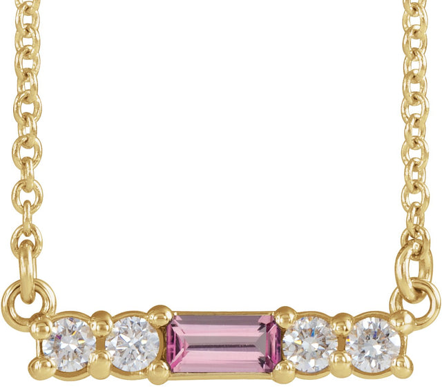 14K Gold Straight Baguette Natural Pink Tourmaline Accented Bar Necklace – 1/8 CTW - Yellow Gold