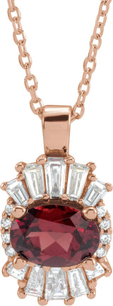 14K Gold Oval Natural Mozambique Garnet Halo-Style Necklace or Pendant - Rose Gold