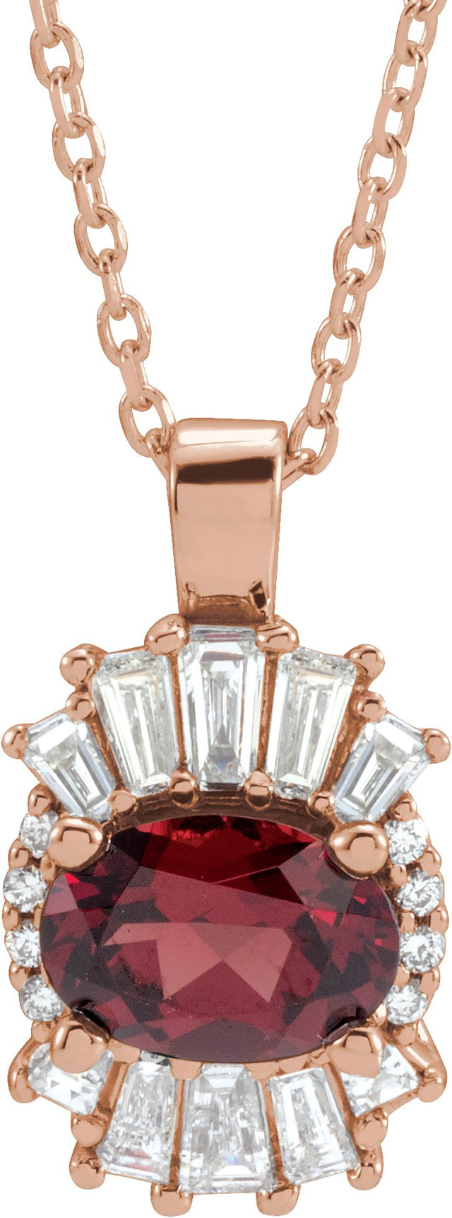 14K Gold Oval Natural Mozambique Garnet Halo-Style Necklace or Pendant - Rose Gold