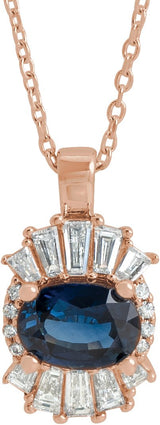 14K Gold Oval Natural Blue Sapphire Halo-Style Necklace or Pendant - Rose Gold