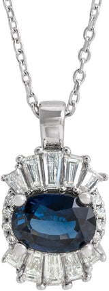 Platinum Oval Natural Blue Sapphire Halo-Style Necklace or Pendant