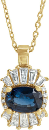 14K Gold Oval Natural Blue Sapphire Halo-Style Necklace or Pendant - Yellow Gold