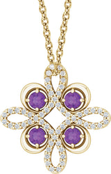 14K Gold Round Natural Amethyst Clover Necklace or Pendant - Yellow Gold