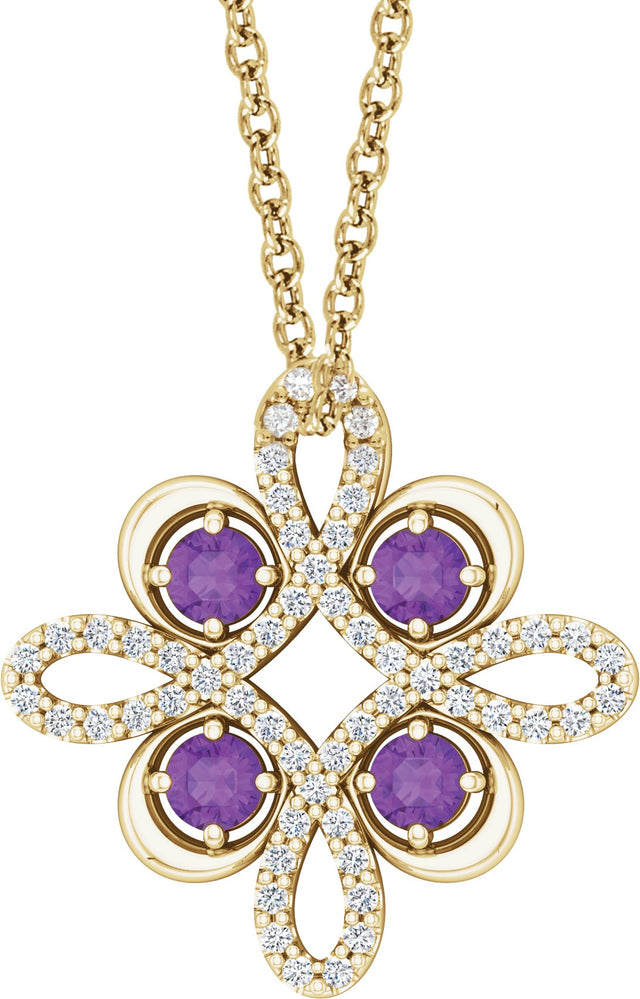 14K Gold Round Natural Amethyst Clover Necklace or Pendant - Yellow Gold