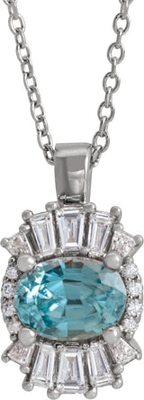 Platinum Oval Natural Blue Zircon Halo-Style Necklace or Pendant