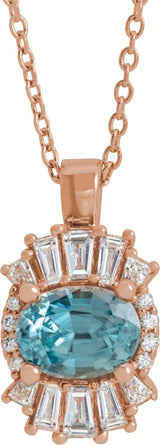 14K Gold Oval Natural Blue Zircon Halo-Style Necklace or Pendant - Rose Gold