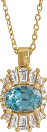 14K Gold Oval Natural Blue Zircon Halo-Style Necklace or Pendant - Yellow Gold