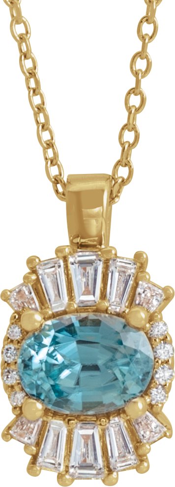 14K Gold Oval Natural Blue Zircon Halo-Style Necklace or Pendant - Yellow Gold