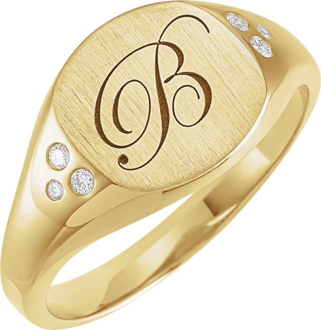 14K Gold Round Natural Diamond Engravable Square Signet Ring - Yellow Gold - view 4