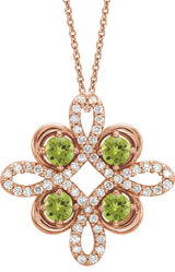 14K Gold Round Natural Peridot Clover Necklace or Pendant - Rose Gold