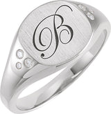 Platinum Round Natural Diamond Engravable Square Signet Ring - view 3