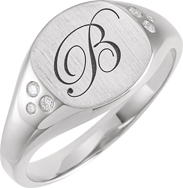 14K Gold Round Natural Diamond Engravable Square Signet Ring - White Gold - view 3