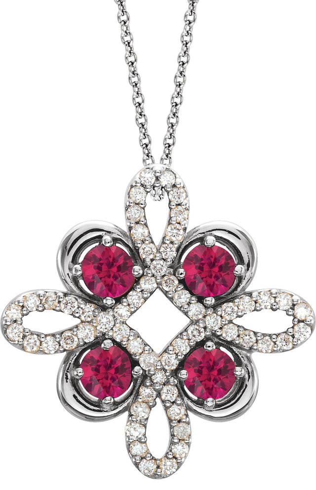 14K Gold Round Natural Pink Tourmaline Clover Necklace or Pendant - White Gold
