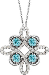 Platinum Round Natural Blue Zircon Clover Necklace or Pendant