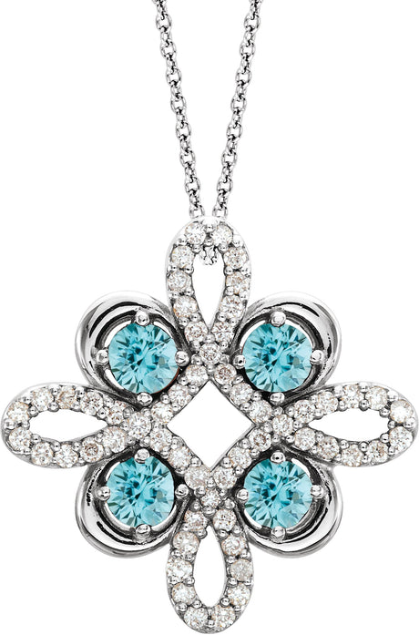 Platinum Round Natural Blue Zircon Clover Necklace or Pendant
