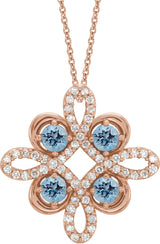 14K Gold Round Natural Aquamarine Clover Necklace or Pendant - Rose Gold