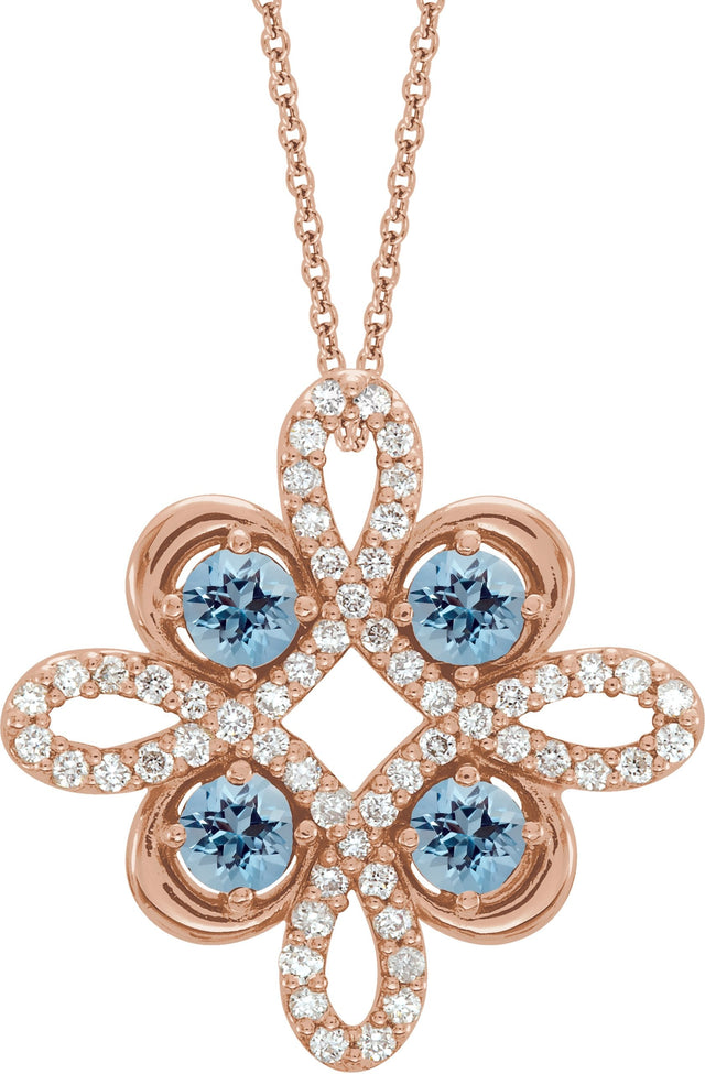 14K Gold Round Natural Aquamarine Clover Necklace or Pendant - Rose Gold