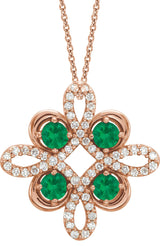 14K Gold Round Natural Emerald Clover Necklace or Pendant - Rose Gold