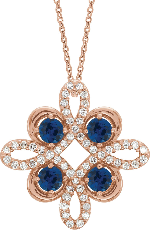 14K Gold Round Natural Blue Sapphire Clover Necklace or Pendant - Rose Gold