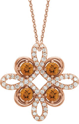 14K Gold Round Natural Citrine Clover Necklace or Pendant - Rose Gold