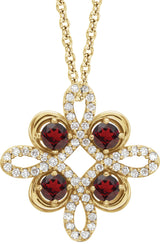 14K Gold Round Natural Mozambique Garnet Clover Necklace or Pendant - Yellow Gold