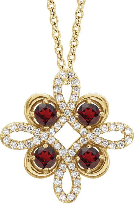 14K Gold Round Natural Mozambique Garnet Clover Necklace or Pendant - Yellow Gold