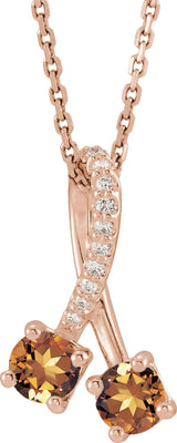 14K Gold Round Natural Citrine Two-Stone Necklace or Pendant - Rose Gold