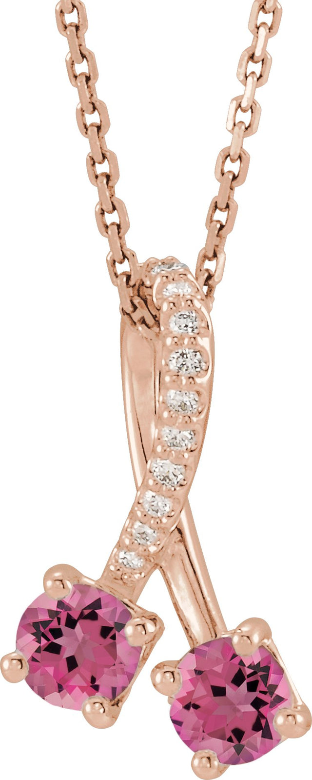 14K Gold Round Natural Pink Tourmaline Two-Stone Necklace or Pendant - Rose Gold