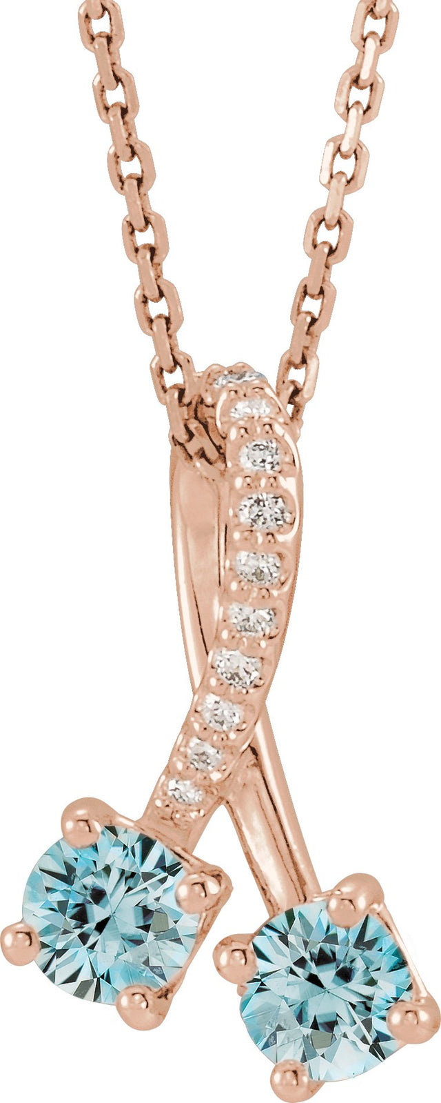 14K Gold Round Natural Blue Zircon Two-Stone Necklace or Pendant - Rose Gold