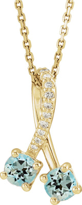 14K Gold Round Natural Aquamarine Two-Stone Necklace or Pendant - Yellow Gold