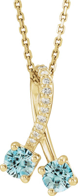 14K Gold Round Natural Blue Zircon Two-Stone Necklace or Pendant - Yellow Gold
