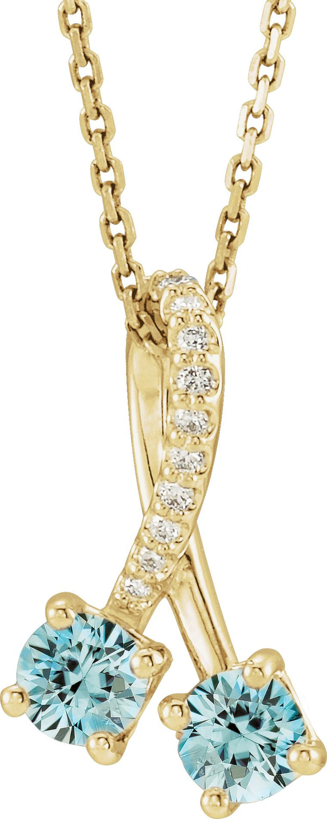 14K Gold Round Natural Blue Zircon Two-Stone Necklace or Pendant - Yellow Gold