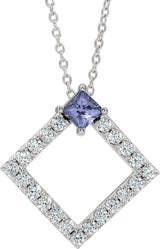 Platinum Square Natural Tanzanite Accented Geometric Necklace or Pendant