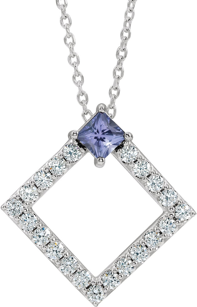 Platinum Square Natural Tanzanite Accented Geometric Necklace or Pendant